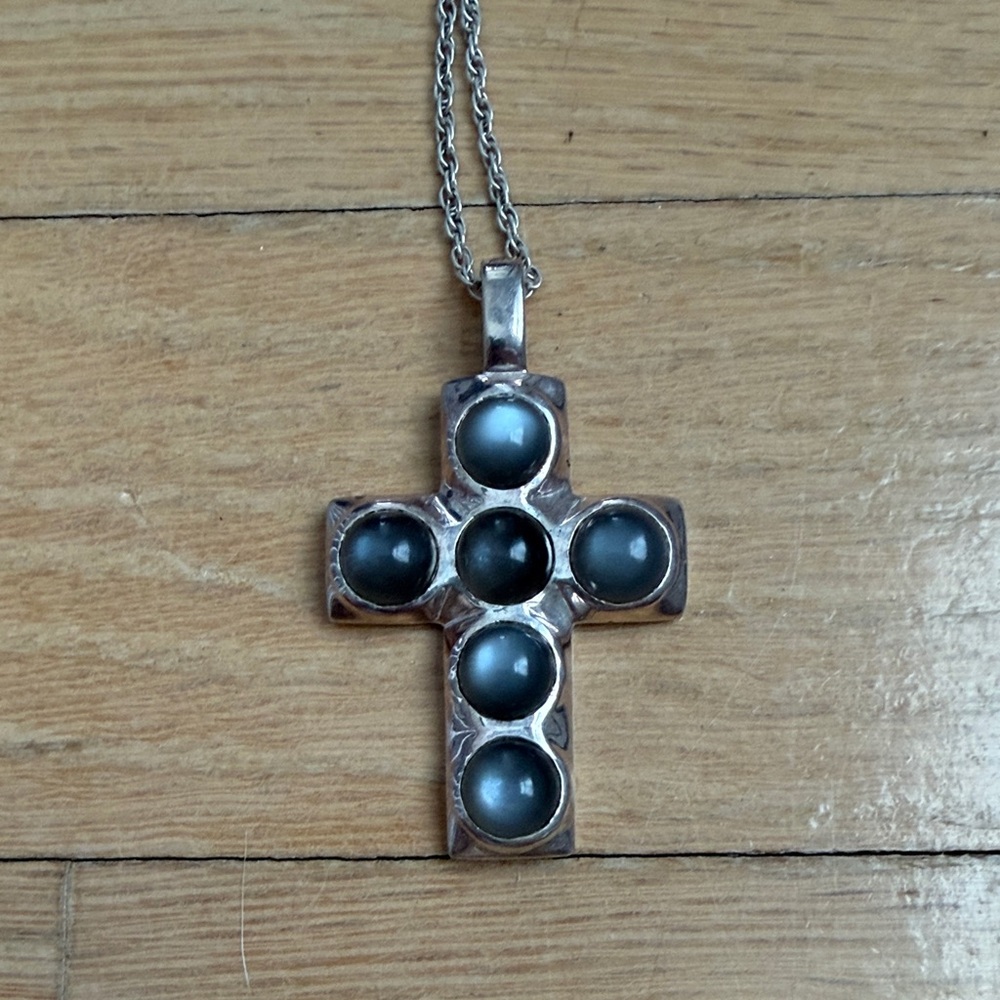 Silver Cross Necklace with Dark Gray Cabochons